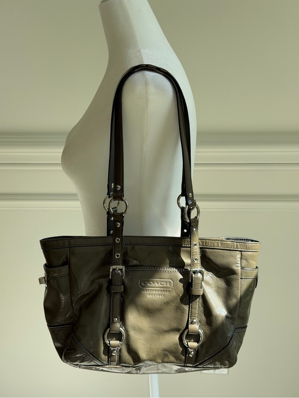 COACH Olive Patent Leather Tote Bag with Silver Hardware (Holiday 2011)